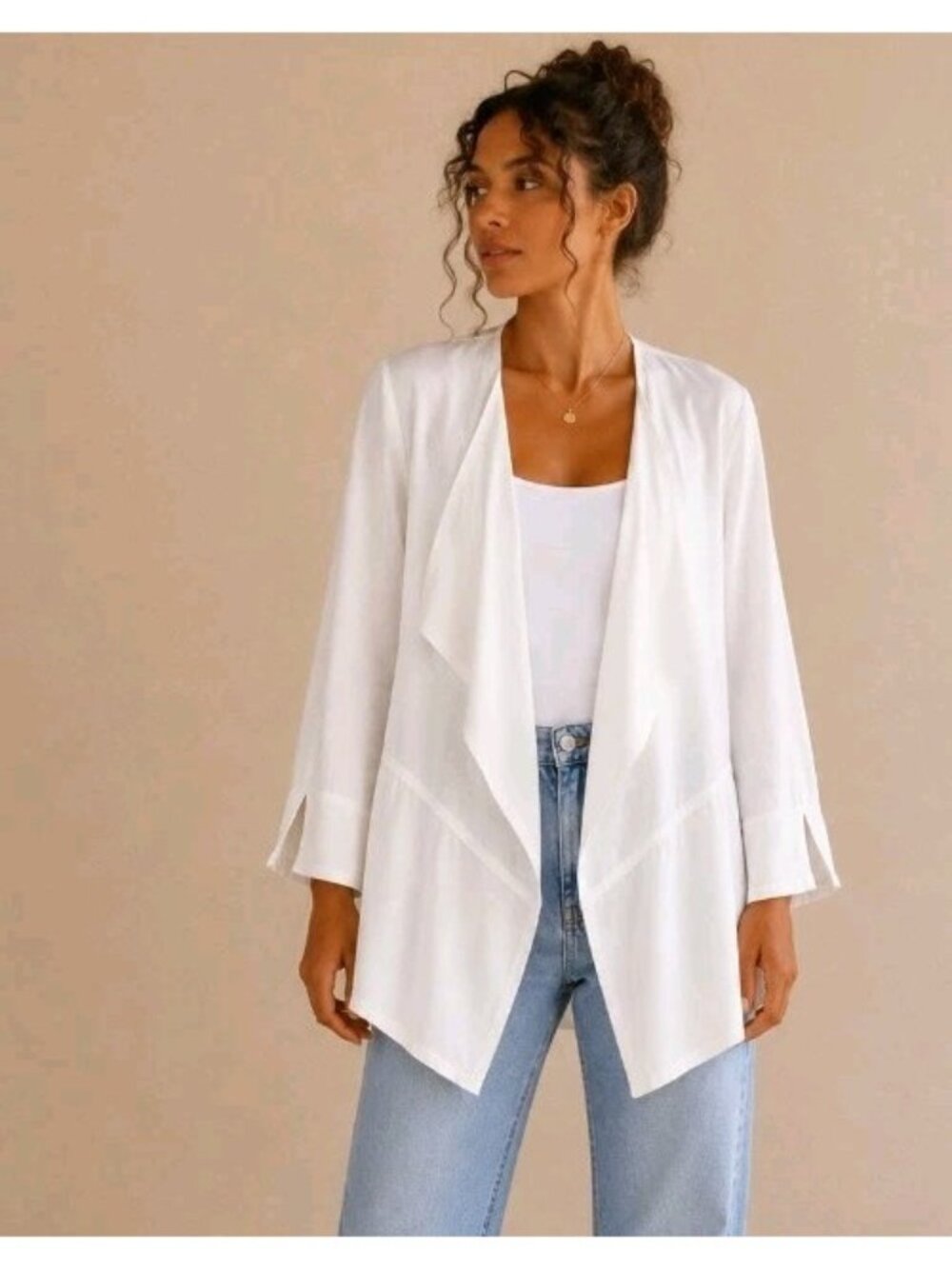 Womens Linen Blend Blazer Jacket Open Asymmetrical Beach Casual Size L White